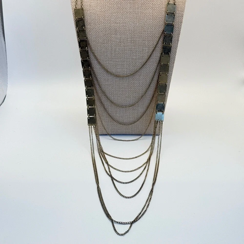 Layered Chain Necklace with Square Pendants Bronze‎ Tone Fashion Jewelry